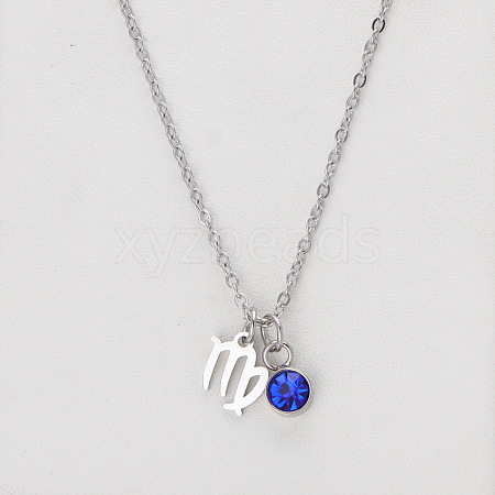 304 Stainless Steel Sapphire Rhinestone Birth Stone Constellation Pendant Necklaces FS-WG76580-21-1