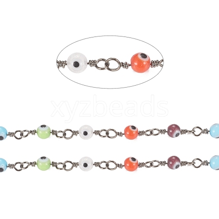 3.28 Feet Handmade Evil Eye Lampwork Round Beaded Chains X-CHC-G009-A-B04-1