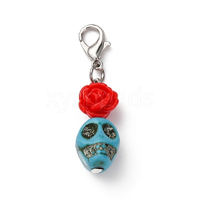 Skull Synthetic Turquoise & Resin Rose Pendant Decorations HJEW-JM03999-1