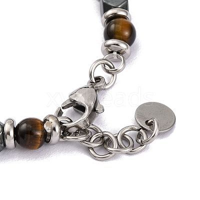 Natural Tiger Eye & Magnetic Synthetic Hematite Round Beaded Bracelet X-BJEW-P339-02P-03-1