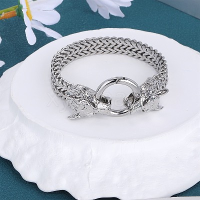 304 Stainless Steel Wolf Link Bracelet with Mesh Chains for Men Women BJEW-SZ0002-65-1