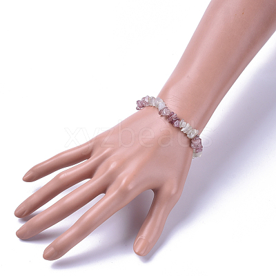 Natural White Moonstone & Strawberry Quartz Chip Stretch Bracelets X-BJEW-JB04490-05-1