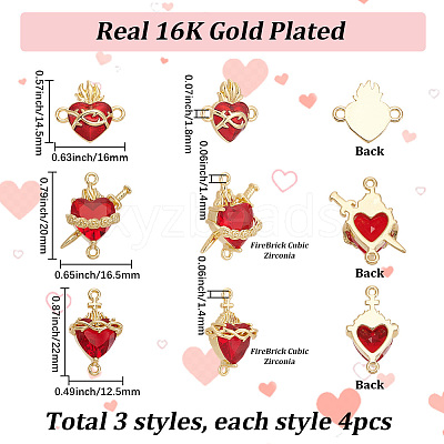12Pcs 3 Styles Brass Enamel Sacred Heart of Jesus Links Connector Charms KK-SC0007-86-1