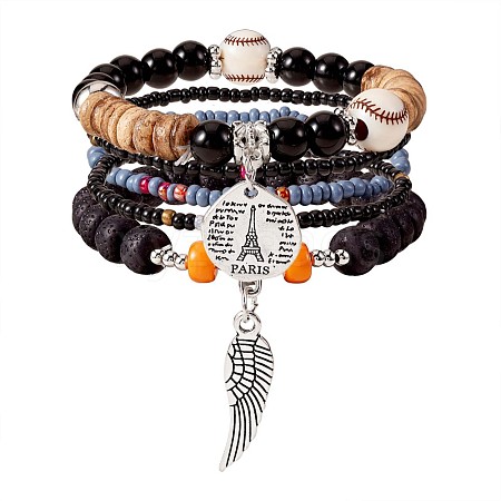 5Pcs 5 Style Wood & Glass Seed & Acrylic Beaded Stretch Bracelets Set with Baseball JB709F-1