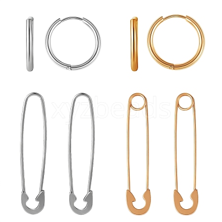 4Pair 4 Style Safety Pin & Ring 304 Stainless Steel Hoop Earrings for Women EJEW-SZ0001-84-1