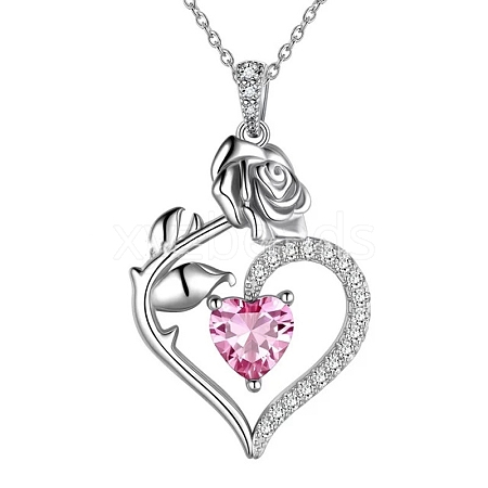 Rhodium Plated 925 Sterling Silver Pave Cubic Zirconia Rose Heart Birthstone Pendant Cable Chain Necklaces PW-WGEE50C-10-1