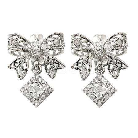 Bowknot & Rhombus Brass Micro Pave Clear Cubic Zirconia European Beads KK-V008-35P-1