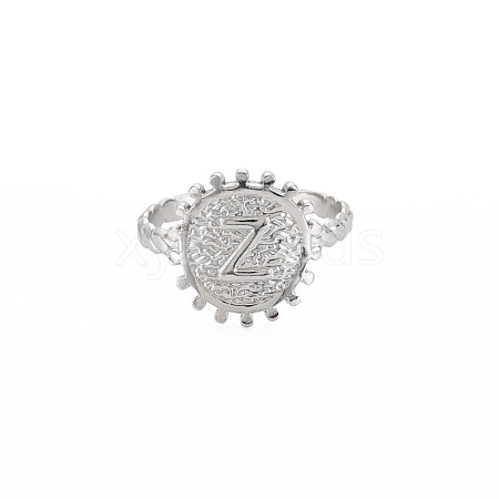 Non-Tarnish 304 Stainless Steel Flat Round with Initial Letter Open Cuff Ring for Men Women RJEW-S405-246P-Z-1