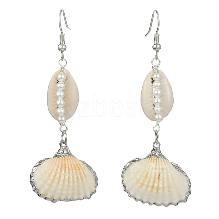 Shell Shape Natural Pearl & Shell Dangle Earrings for Women EJEW-TA00303-1