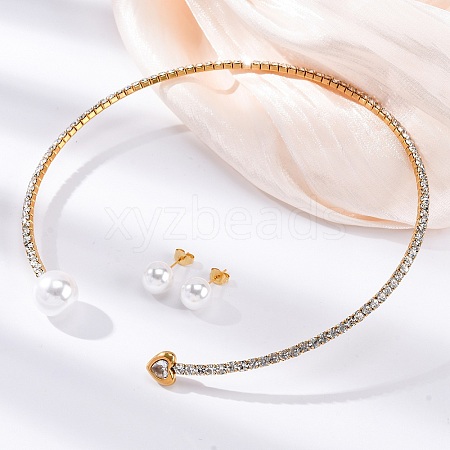 Round Plastic Imitation Pearl Stud Earrings & Heart Cubic Zirconia Rhinestone Cuff Choker Necklaces Sets SJEW-U003-08G-1