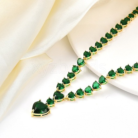 Brass Full Green Cubic Zirconia Heart Pendant Necklaces for Women NJEW-M079-01G-1