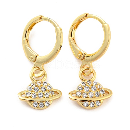 Planet Shape Rack Plating Brass Micro Pave Cubic Zirconia Dangle Leverback Earrings EJEW-P240-06G-1