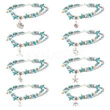 ANATTASOUL 8Pcs 8 Style Synthetic Turquoise Starfish & Seed & Resin Beaded Double Layer Multi-strand Anklets Set AJEW-AN0001-03