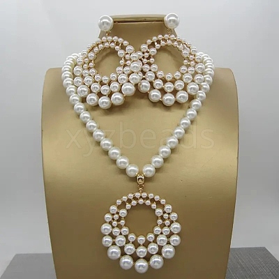 Plastic Imitation Pearl Beaded Stud Earrings & Necklaces Sets for Women FS-WGDB8BB-01-1