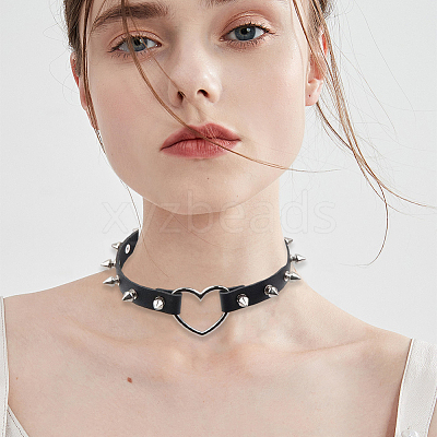 Adjustable Adjustable Gothic PU Leather Alloy Spike Rivet Heart Choker Necklaces for Women NJEW-WH20816-006P-B-1