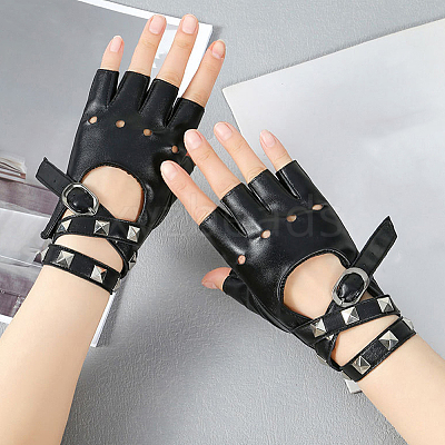 2 Pairs PU Leather Biker Punk Gloves with Belt AJEW-CL0003-02-1