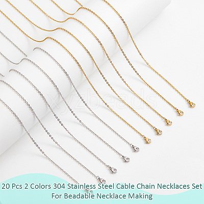 20Pcs 2 Colors 304 Stainless Steel Cable Chain Necklaces Set MAK-NB0001-23-1
