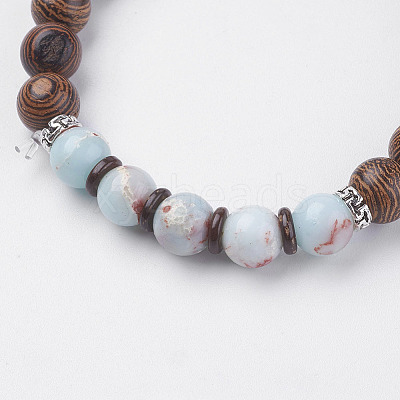 Natural Lava Rock & Wenge Wood Beads & Coconut Stretch Bracelets BJEW-I241-03D-1
