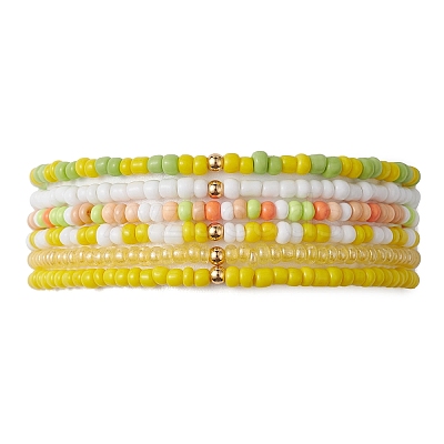 6Pcs Glass Seed & Brass Beaded Stretch Bracelets Set BJEW-JB09538-04-1