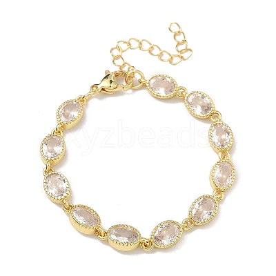 Oval Brass Pave Cubic Zirconia Link Chain Bracelets for Women BJEW-P385-02G-05-1