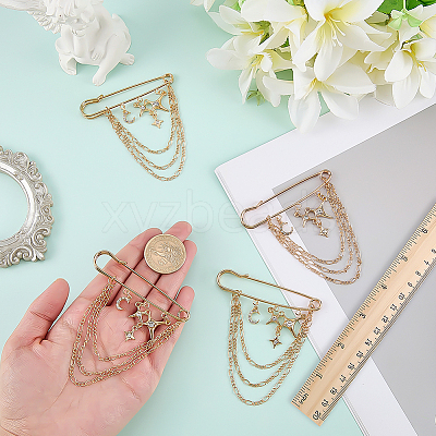 4Pcs Moon & Star Alloy Rhinestone Hanging Chain Brooch JEWB-FG0001-84A-1