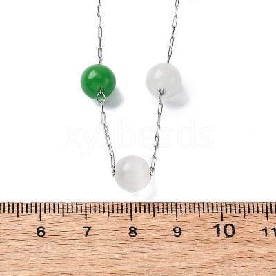 304 Stainless Steel Cat Eye Round Beads Handmade Chain Necklaces for Women NJEW-C073-01P-07-1