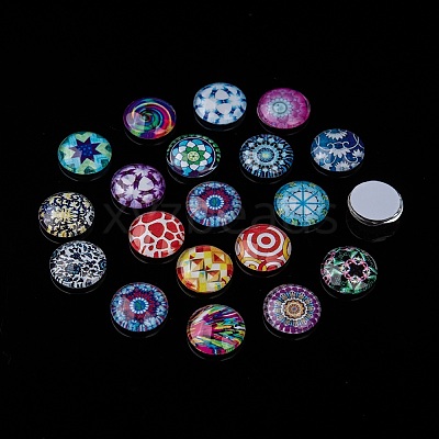 Printed Glass Flat Round Cabochons GGLA-N004-12mm-G-WH-1
