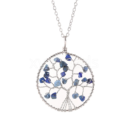 Natural Lapis Lazuli Chips Beaded Tree of Life Pendant Necklaces PW-WG63202-09-1