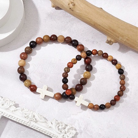 2Pcs Wood Beads Stretch Bracelets for Couple BJEW-JB11305-01-1