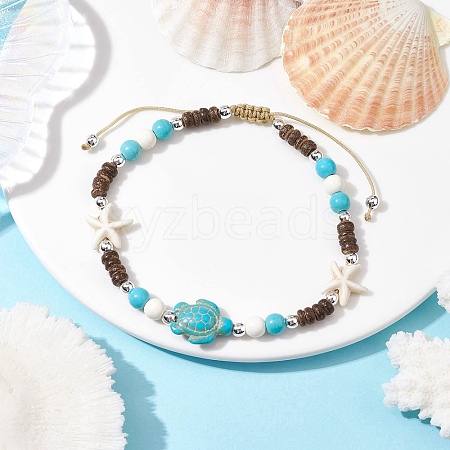 Starfish & Tortoise Synthetic Turquoise Braided Bead Anklets AJEW-AN00564-02-1