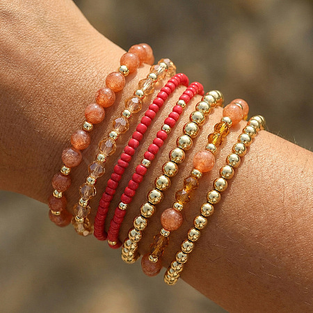 7Pcs 7 Styles Round Glass Seed Beads & Brass & Natural Sunstone & Citrine & Morganite Beads Stretch Bracelets for Women UX1023-1-1