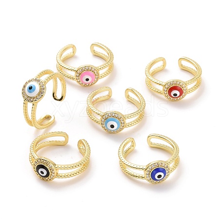 Enamel Evil Eye Open Cuff Ring with Clear Cubic Zirconia RJEW-A007-04LG-1