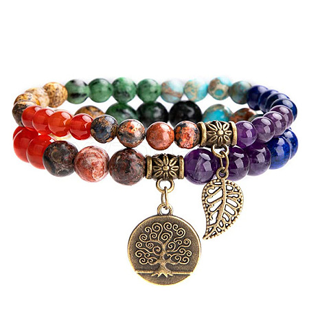 2Pcs Chakra Natural Mixed Gemstone Round Beads Stretch Bracelets FS-WG435B7-01-1