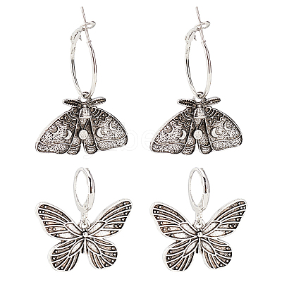 2 Pairs 2 Style Moth & Butterfly Zinc Alloy Dangle Hoop & Leverback Earrings EJEW-AN0002-64-1