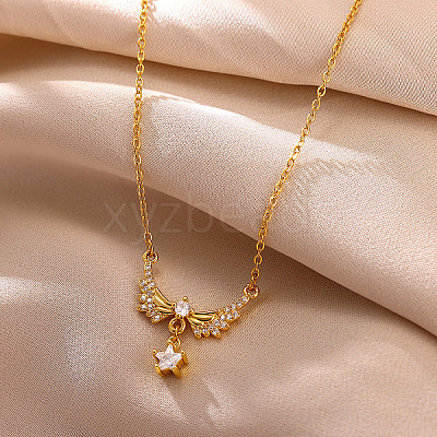 304 Stainless Steel Pave Clear Cubic Zirconia Angel Wings Pendant Necklaces for Women WG752E1-01-1