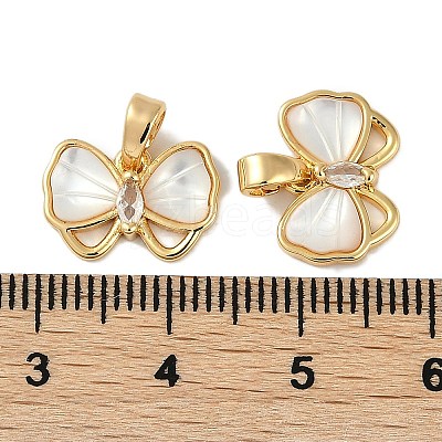 Brass Clear Cubic Zirconia Pave Natural Shell Bowknot Charms KK-P283-09G-1