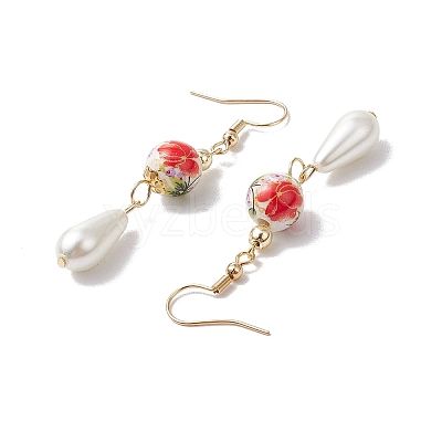 Round with Flower Pattern Porcelain Ceramic Dangle Earrings EJEW-JE06347-02-1