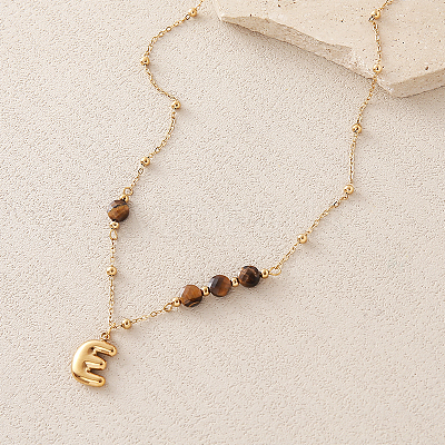 European Faceted Natural Tiger Eye 304 Stainless Steel Alphabet Pendant Necklaces QN9691-5-1