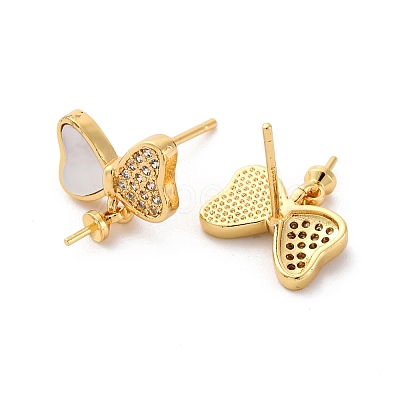 Brass Micro Pave Cubic Zirconia Shell Stud Earrings Findings KK-D363-07G-1