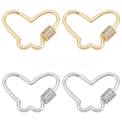4Pcs 2 Colors Butterfly Brass Micro Pave Clear Cubic Zirconia Screw Carabiner Lock Charms KK-WR0001-05-1