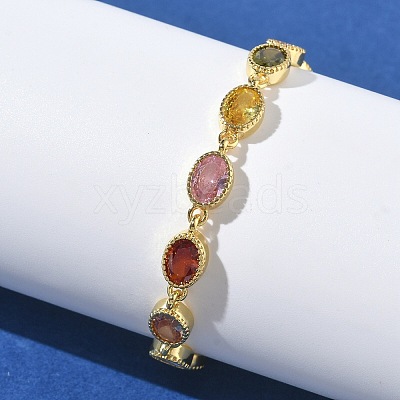Oval Brass Pave Cubic Zirconia Link Chain Bracelets for Women BJEW-P385-02G-1