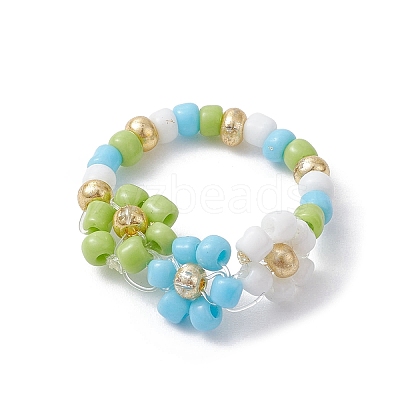 3Pcs 3 Color Glass Seed Beaded Stretch Rings Sets. Flower Stackable Rings RJEW-JR00617-1