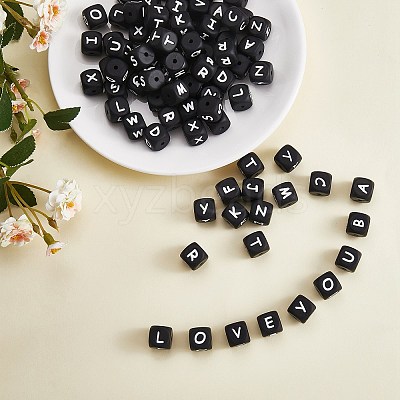20Pcs Black Cube Letter Silicone Beads 12x12x12mm Square Dice Alphabet Beads with 2mm Hole Spacer Loose Letter Beads for Bracelet Necklace Jewelry Making JX433T-1