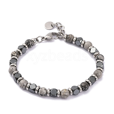 Natural Map Stone & Magnetic Synthetic Hematite Round Beaded Bracelet X-BJEW-P339-02P-02-1