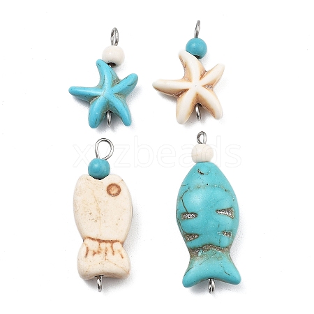 4Pcs 4 Styles Dyed Synthetic Turquoise Starfish & Fish Connector Charms PALLOY-JF02955-1