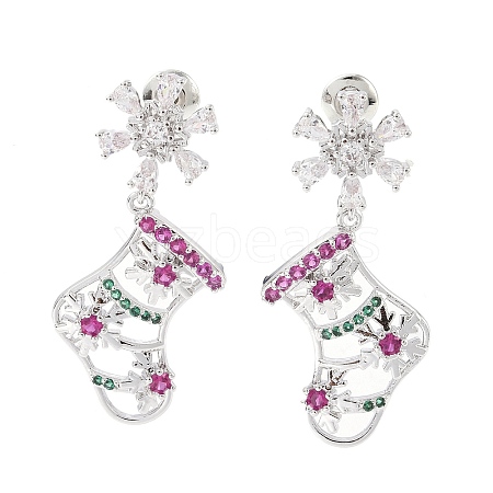 Christmas Socking & Snowflake Brass Pave Colorful Cubic Zirconia Dangle Stud Earrings for Women EJEW-M257-03P-1