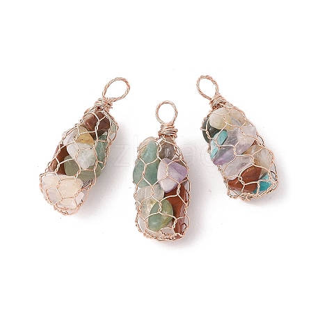 Rack Plating Copper Wire Wrapped Natural Mixed Stone Chip Big Pendants G-C130-01RG-09-1