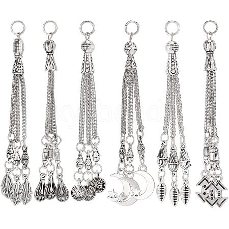 CHGCRAFT 12Pcs 6 Style Tibetan Style Alloy Curb Chain Tassel Big Pendants FIND-CA0006-72-1