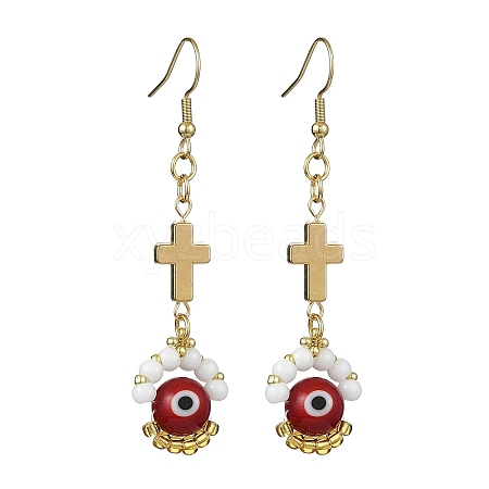 Handmade Seed Evil Eye & Cross Dangle Earrings EJEW-MZ00227-02-1