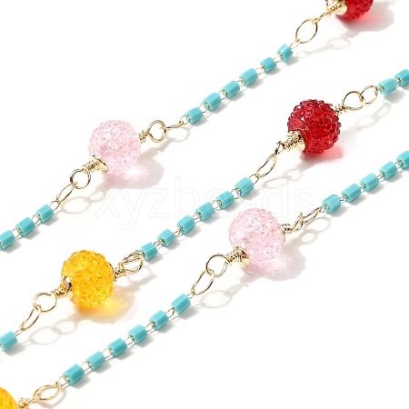 Brass Hexagonal Column Glass Seaded Beaded & Resin Round Beaded Link Chains CHC-G026-01F-1